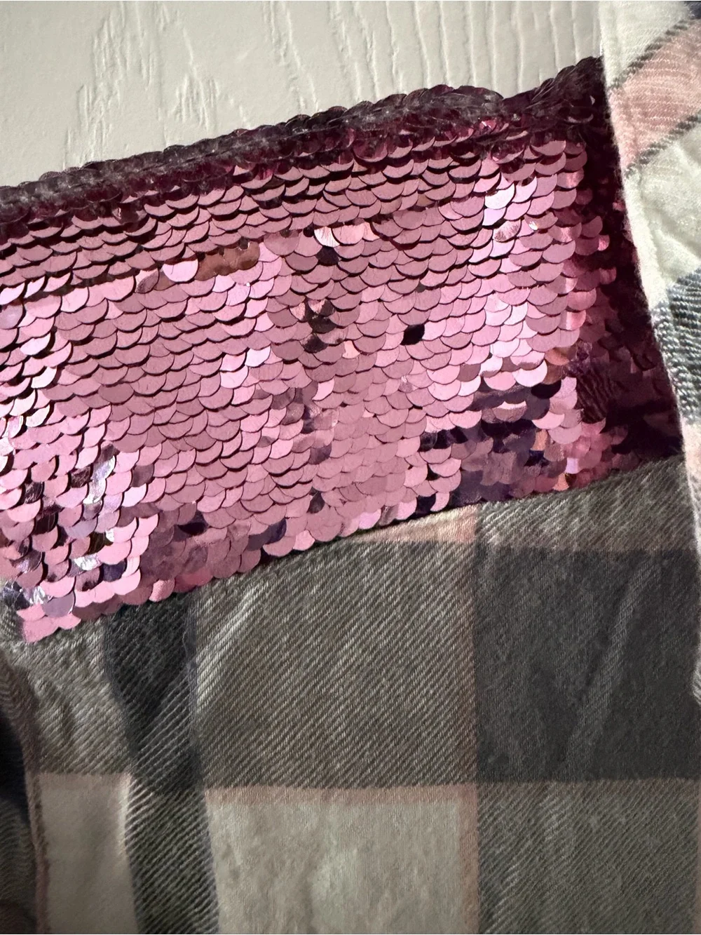 Justice Girls Gray and Pink Plaid Button-Up Shirt with Pink Sequin Shoulders